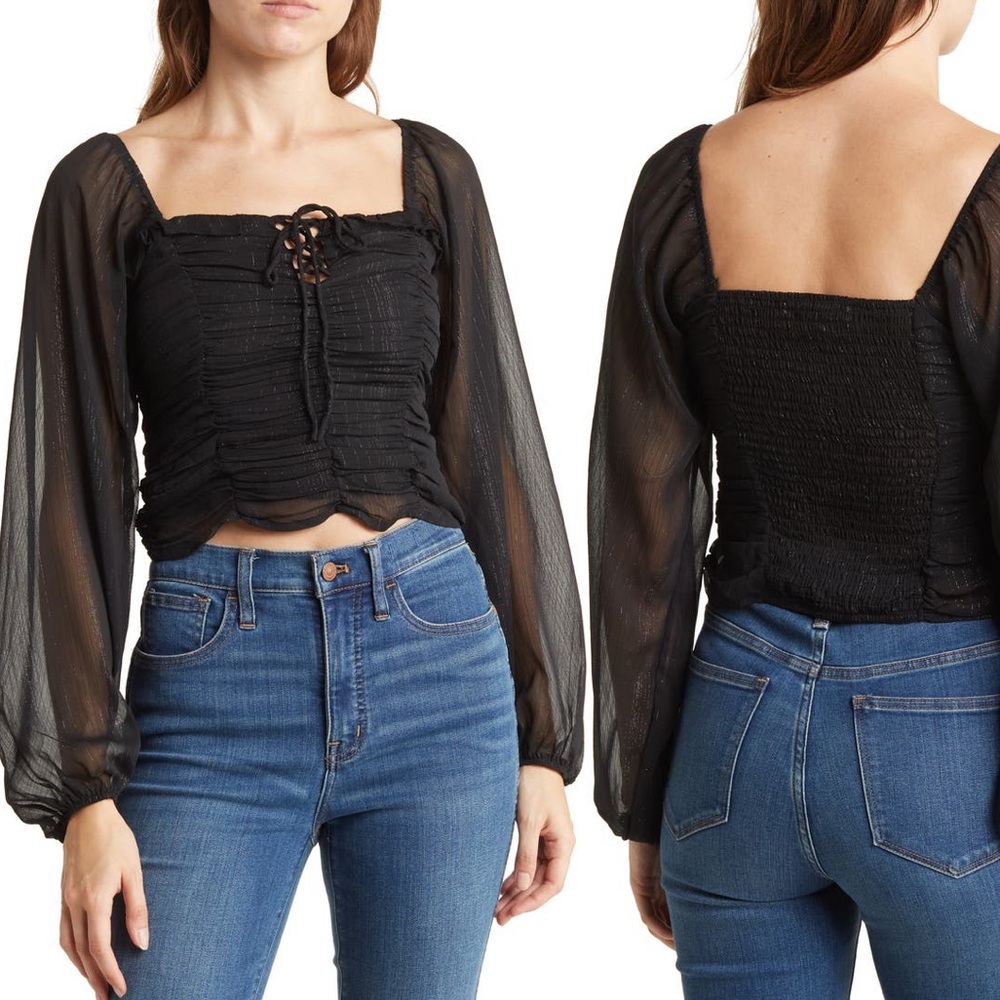 BCBGeneration square neck long sleeve ruched top in black.